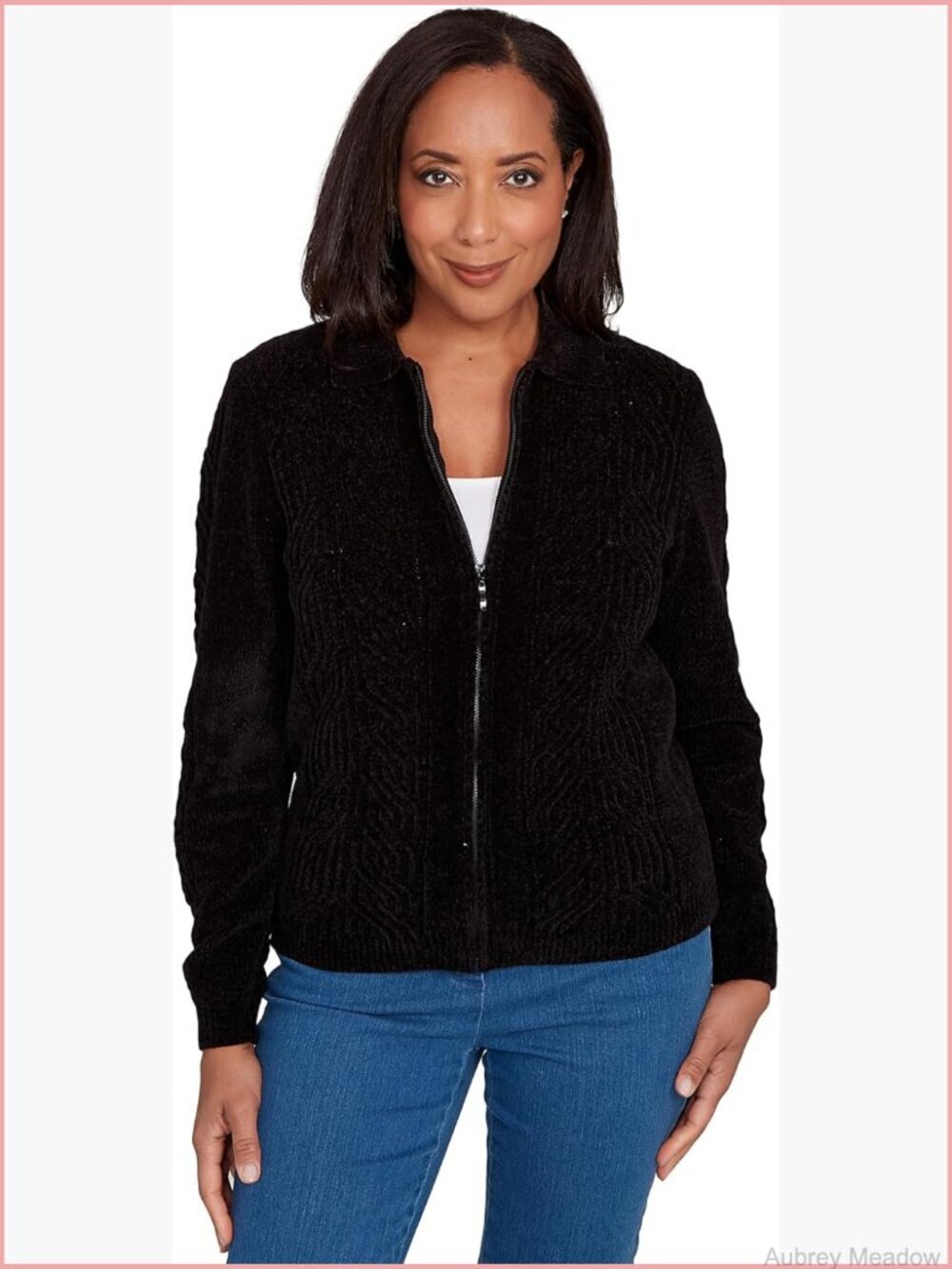 Zip-Front Chenille Collared Cardigan with Long Sleeves